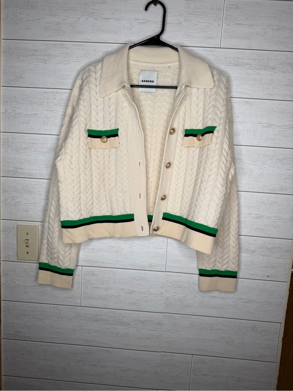 Sandro Cream Cable-Knit Cropped Jacket with Green Trim and Gold Buttons